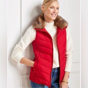 NWT Talbots red the puffer vest faux fur removeable collar XS